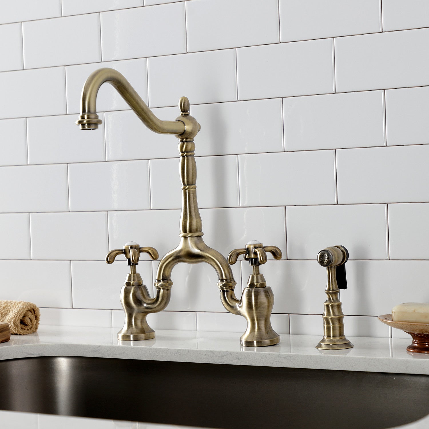 Kingston Heirloom KS7753TXBS - French Country Two-Handle 3-Hole Deck Mount Bridge Kitchen Faucet with Brass Sprayer, Antique Brass — thumbnail 3